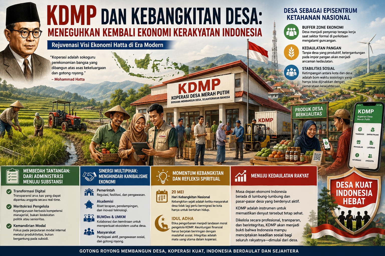 KDMP hadir sebagai penguat ekonomi desa berbasis koperasi modern untuk membangun kemandirian, ketahanan pangan, dan kebangkitan ekonomi kerakyatan Indonesia.